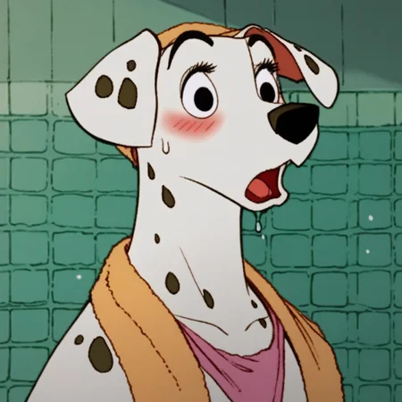 score_9, score_8_up, score_7_up, j_cartoon, Disney, highly detailed, ((detailed shaders)), BREAK, perdita, ((Dalmatian)), black eyes, anthropomorphic dog, eyes open, eyes wide open, surprised expression, blushing, curvy body, wet, towel around her torso, towel on her head,