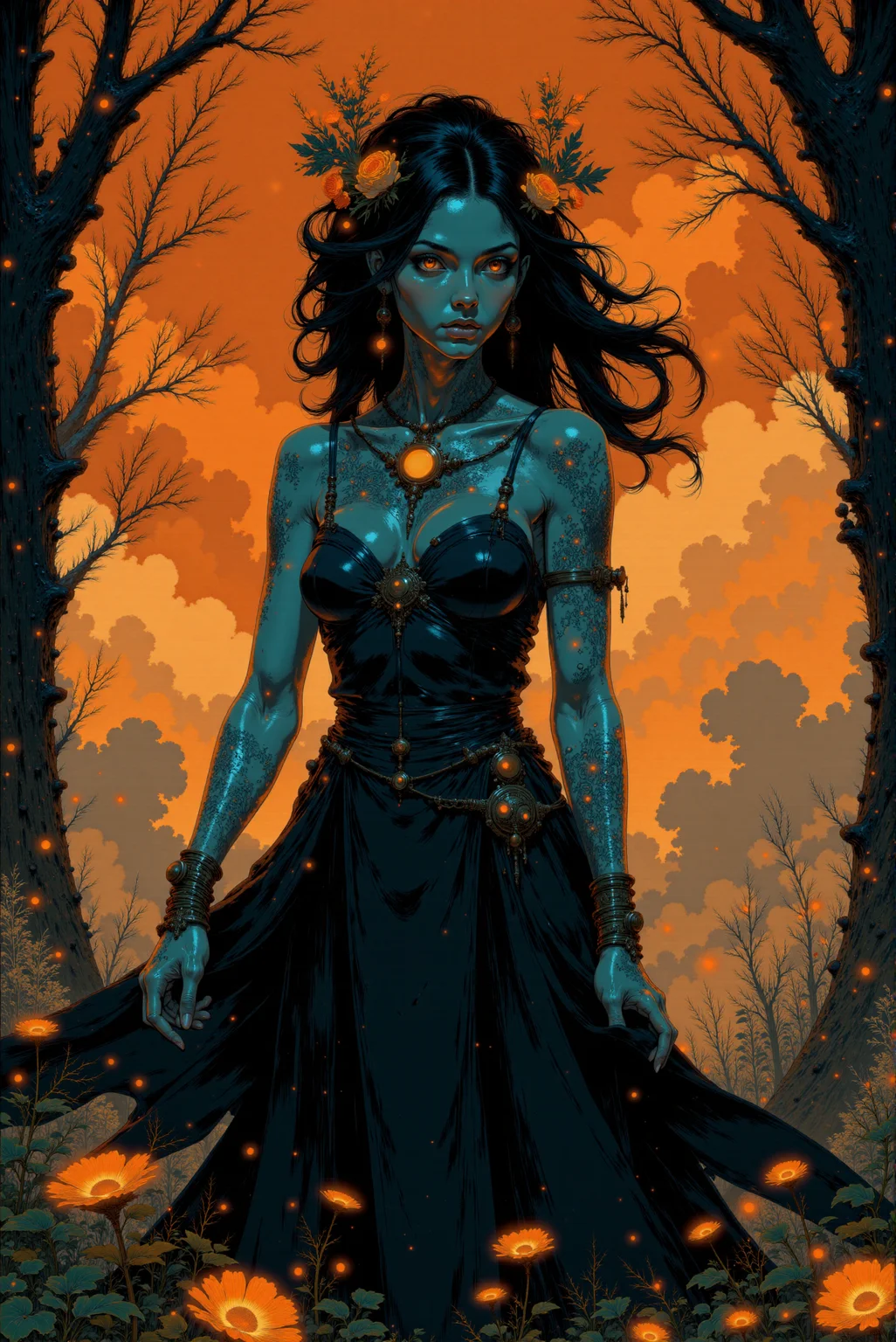 <lora:Fancha_style_v.5:0.90> Fancha style. This is a digital painting in a fantastical, surreal style, depicting a mystical, ethereal woman. The artwork features a woman with a dark blue skin, standing in a dramatic, almost ethereal pose. Her body is adorned with intricate, glowing patterns that blend seamlessly into her skin, creating an otherworldly effect. She has flowing, wavy hair styled elegantly and adorned with fiery, glowing flowers and leaves that match the fiery hues of the background. Her eyes are a piercing, glowing red, adding to the mystical aura. The woman's dress is a flowing, dark, almost black garment that appears to be made of a material that absorbs and reflects light, creating a shimmering effect.