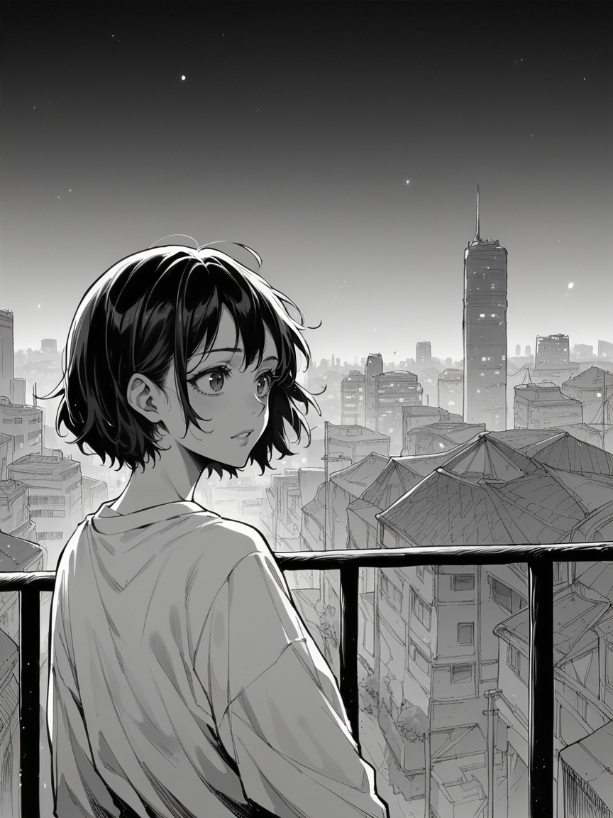 score_9, score_8_up, score_7_up, score_6_up, 1girl, m4ng4, manga, monochrome, greyscale, night, city, comic, <lora:m4ng4XLP:1>