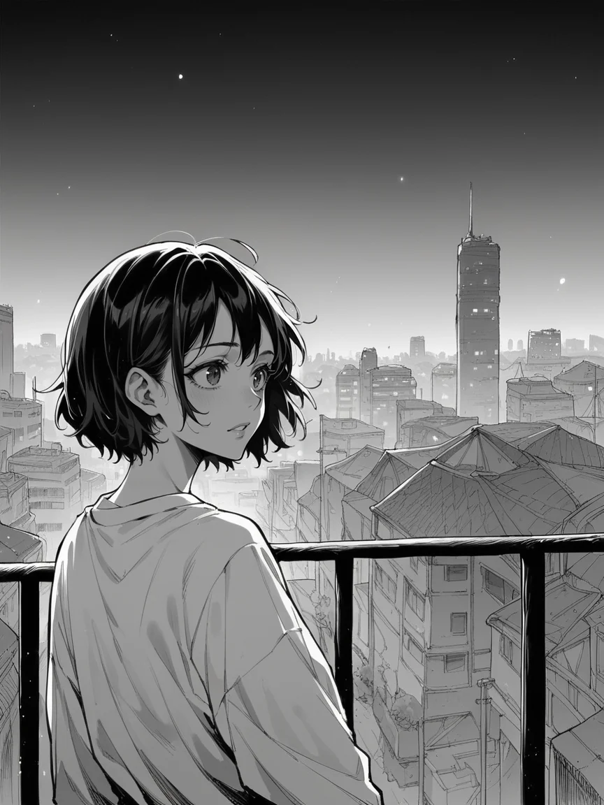 score_9, score_8_up, score_7_up, score_6_up, 1girl, m4ng4, manga, monochrome, greyscale, night, city, comic, <lora:m4ng4XLP:1>