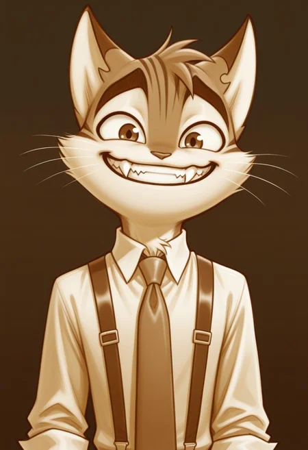 incredible quality, shiny skin, high quality, highres,rocky rickaby, furry, furry male, cat, solo, monochrome, male focus, 1boy, furry, furry male, sketch, smile, fangs, necktie, looking at viewer, teeth, sepia, whiskers, animal ears, collared shirt, upper body, shirt, evil smile, large smile, grin, wide open eyes