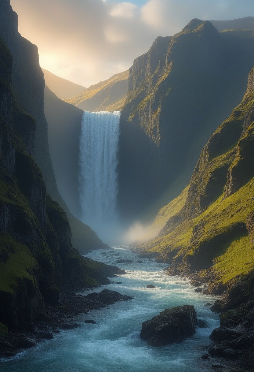 Scottish cliffs, waterfall, Dream Scenery,
detailxl, valley, mountains, rocks, spring, sunset