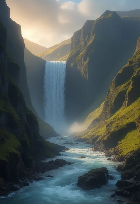 Scottish cliffs, waterfall, Dream Scenery,
detailxl, valley, mountains, rocks, spring, sunset