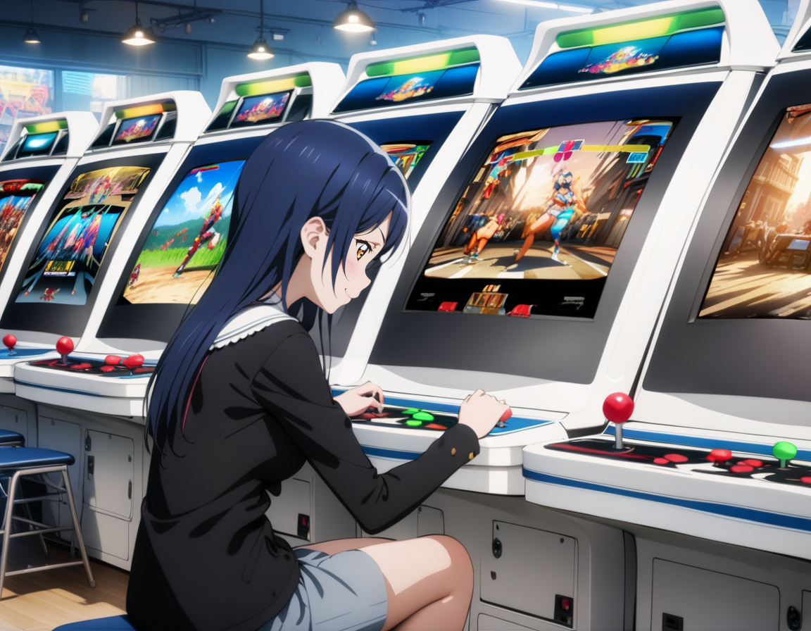 masterpiece, best quality, ultra detailed, highres,4k,(ultra-detailed:1.4) (illustration:0.5), (ray tracing,:0.8),(anime colored:0.7),(ai-generated:0.5),
1girl,solo,
sonoda umi, love live!,
smile,
<lora:arcadegameXL1:1>,arcadegame,
arcade cabinet,playing games,video game,holding joystick,display,sitting, looking down,