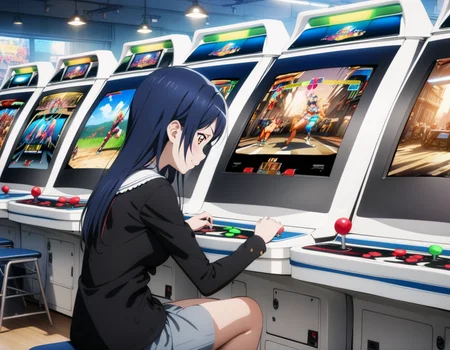 masterpiece, best quality, ultra detailed, highres,4k,(ultra-detailed:1.4) (illustration:0.5), (ray tracing,:0.8),(anime colored:0.7),(ai-generated:0.5),
1girl,solo,
sonoda umi, love live!,
smile,
<lora:arcadegameXL1:1>,arcadegame,
arcade cabinet,playing games,video game,holding joystick,display,sitting, looking down,
