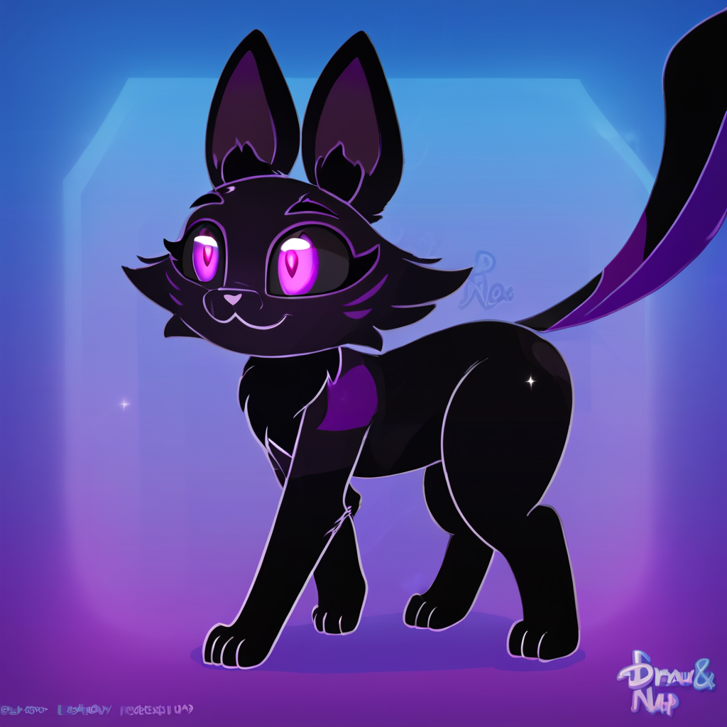 score_9_up, score_8_up, sfw, furry, feral female, felid, german shepherd as a cat, solo, black fur, black sclera, purple pupils, starry fur, galaxy fur, facing viewer, all fours, walking away, tail swirl, show_accurate, abstract background, kawaii, art by draw&nap, DrawAndNap