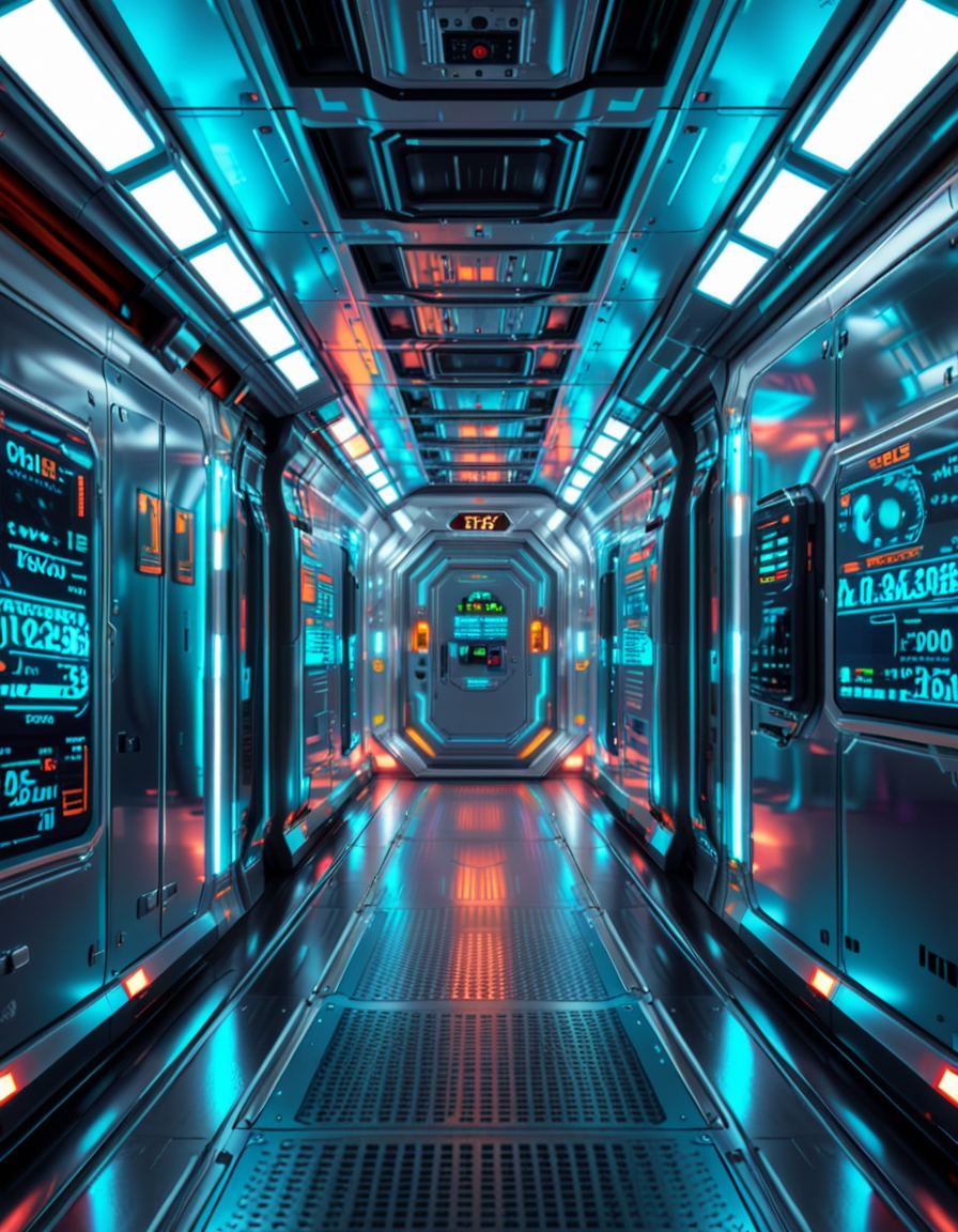 A highly detailed futuristic spaceship corridor, illuminated by soft neon blue and purple lights. The walls are made of sleek metallic panels, with glowing circuits and holographic displays integrated into the design. The floor is reflective and polished, with a faint grid pattern that emits a subtle white glow. Pipes and cables run along the ceiling, interspersed with small ventilation grids and blinking lights. The corridor stretches into the distance, creating a sense of depth, with a slight curve that hints at the massive scale of the spacecraft. The atmosphere feels clean, modern, and slightly sterile, with a sci-fi aesthetic inspired by movies like Blade Runner and Star Wars. The overall lighting is ambient and slightly dim, accentuating the futuristic ambiance. No characters or people are present, focusing entirely on the corridor's architecture and design.<lora:SDXLFaeTastic2400:0.4> <lora:extremely_detailed:0.4> extremely detailed, <lora:futuristic_spaceship_c0rr1d0r:1>,futuristic spaceship c0rr1d0r, Masterpiece,best quality,hi res,8k,hi res,8k,award winning,(sharp focus, intricate, highly detailed),