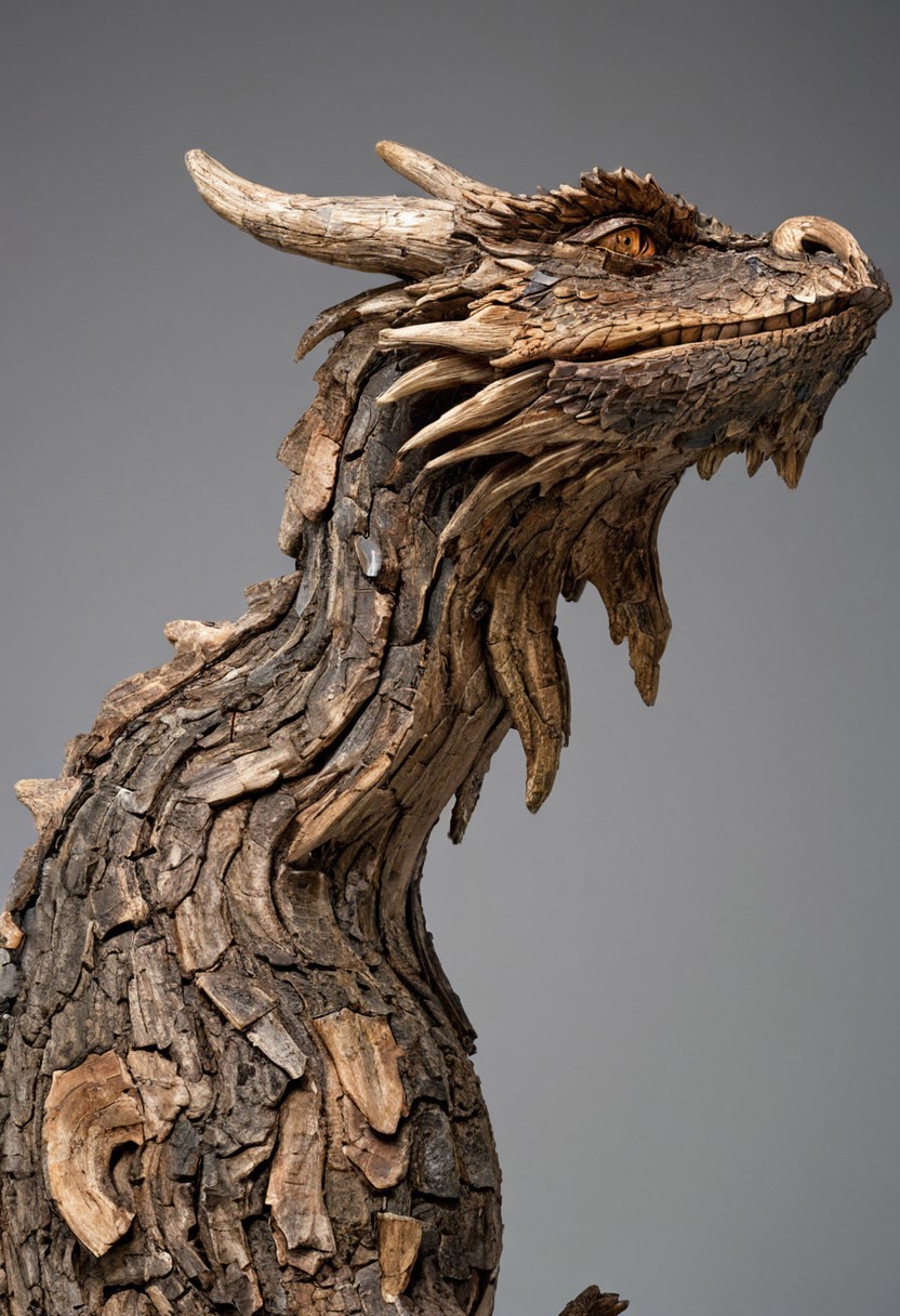 photograph of a dragon made of oldwood, white studio background, hyper realistic, studio lighting, hyper detailed, natural color, perfect composition