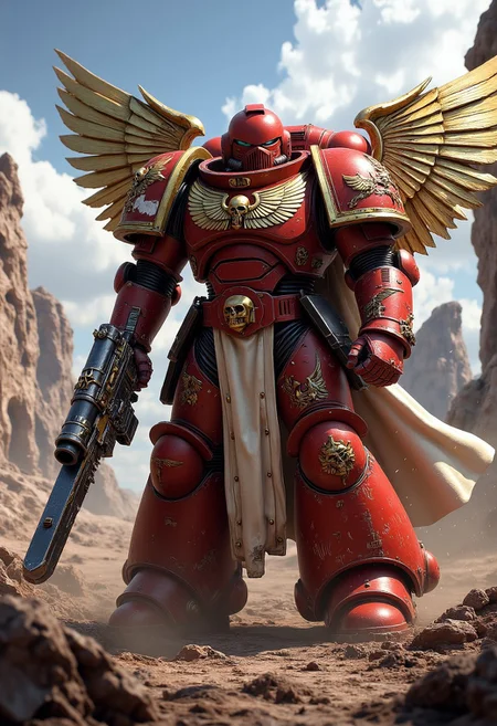 A towering blood angels Warhammer 40k Space Marine in full ceramite power armor, standing amidst a war-torn battlefield with a bolter pistol and a chainsaw-sword.