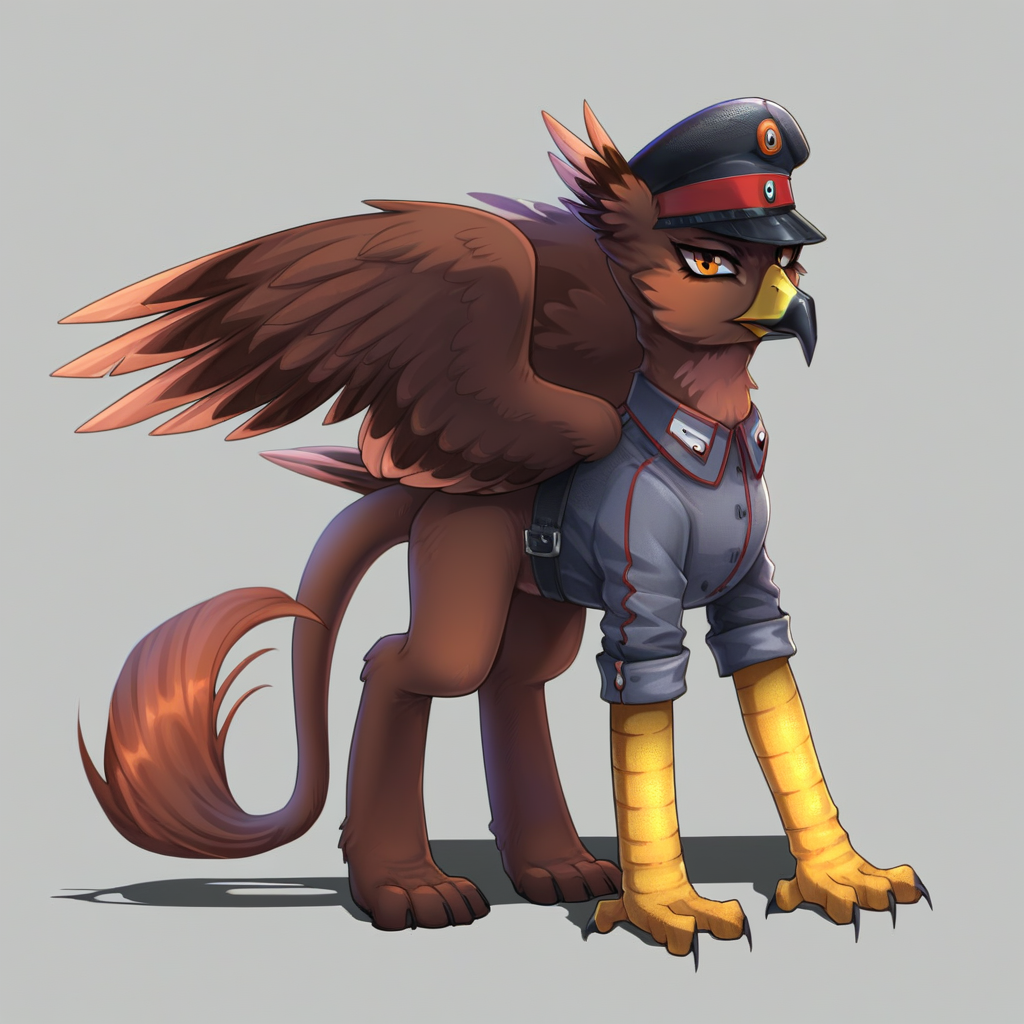 masterpiece, score_9_up, score_8_up, score_7_up, score_6_up, (best quality:1.1), ultra-detailed, high resolution, solo BREAK anthon kaufmann, female griffon, feral,  avian, brown feathers, orange eyes, yellow beak, black beak tip, tail, hawk-like, wings, military, peaked cap uniform, standing pose, simple background, highly visible, sharp focus, OverallDetail, anatomically correct