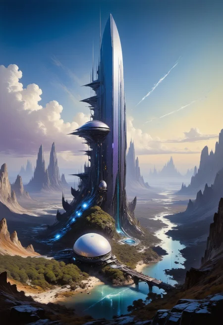 A futuristic cityscape at dusk. The central focus is an immense, towering skyscraper with a sleek, reflective surface that reflects the soft, ambient light of the setting sun. The building's design is futuristic, with a tapering top and a complex, organic base that seems to blend seamlessly with the landscape. In the foreground, a serene river runs through a valley lined with lush, green trees. Bridges and elevated walkways connect the base of the skyscraper to the surrounding buildings. The buildings in the foreground are more modest in size, with a mix of glass and metallic facades, indicating modern architecture. In the background, the cityscape stretches into the distance, showcasing a variety of skyscrapers and high-rises, some of which are needle-like, indicating a focus on verticality and density. The sky is a gradient of deep blues and purples, with scattered, fluffy clouds casting shadows on the buildings below. The overall color palette is cool and serene, with the soft lighting enhancing the futuristic, utopian atmosphere of the scene. white sphere on the background