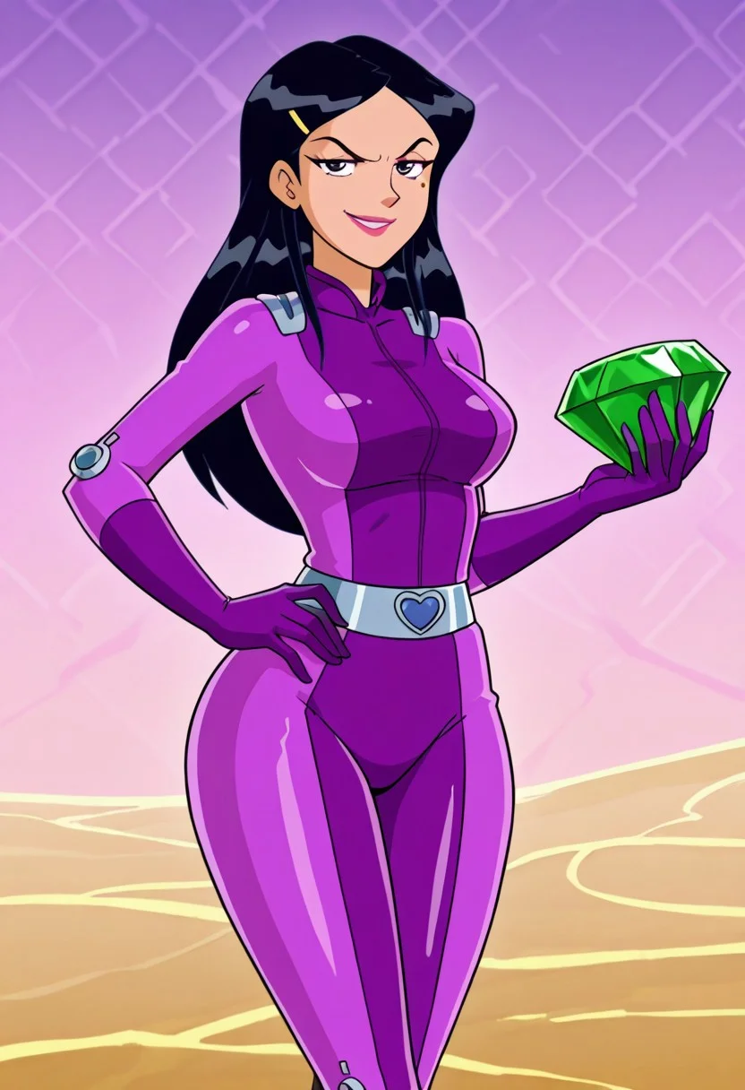 masterpiece, best quality, good quality, 1girl, solo, cartoon, parody, official style, mandy_totally_spies, black hair, long hair, purple eyes, mole under eye, hair ornament, purple bodysuit, sexy, large breasts, beautiful, detailed, high detailed, very beautiful, detailed face, detailed eyes, detailed hand, abstract background, neon, looking at viewer, wide hips, chaos emerald, holding, gem, holding gem, smile, angry eyes, hand on hip