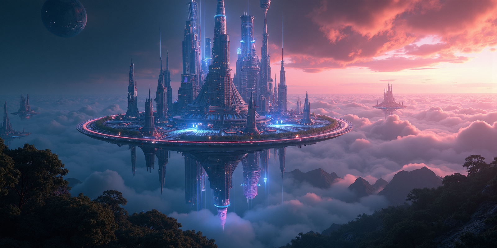Highly detailed, high resolution photo,futuristic floating city in high orbit over a forest planet. Towering skyscapers,fiber optic highways,pulsating fractals,LED,swirling nebulae of neon-hued light.,  <lora:alien_landscape_flux:1> <lora:aidmaMJ6.1_v0.5_3:0.8> aidmamj6.1 <lora:aidmaImageUpraderv0.3:0.0.35> aidmaimageupgrader <lora:aidmaGLOWV4wc:0.8> aidmaGlow