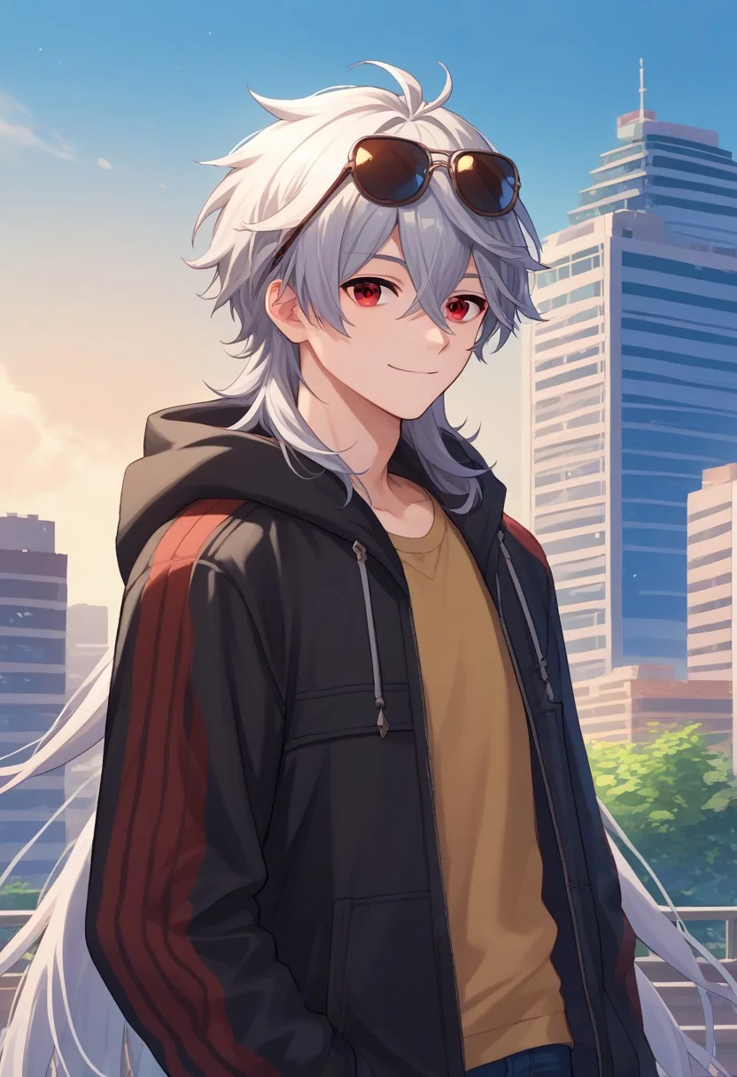 score_9, score_7_up, source_anime,
boreas, 1boy, male focus, solo, red eyes, grey hair, long hair, very long hair, bangs, hair between eyes, sunglasses, eyewear on head, jacket, black jacket, hoodie, hood down, long sleeves, smile,
outdoor, sky, building, contemporary,