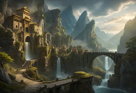 masterpiece, best quality, ultra detailed, professional light, cinematic lighting, ambient lighting, atmospheric effects, epic landscape, fantasy city, ruins, waterfall, mountains, cliff, bridge, Kintsugi, path, clouds