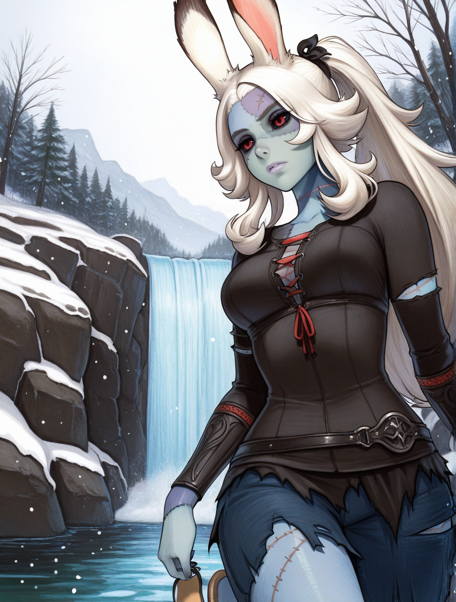high quality, best quality, masterpiece, highres, very aesthetic, absurdres, <lora:NSFWFilter_illusXL_Incrs_v1:-.5>, solo , cowboy shot, 
Fran \(FF12\), Viera, long hair, white hair, red eyes, dark-skinned female, rabbit ears, medium breasts, flip-flops, alternate costume, zombie, black sclera, multicolored skin, colored skin), blue skin, patchwork skin, stitched face, stitches, (scar, multiple scars), (torn clothes)
, outdoors, landscape, at a waterfall, rocks, river, snowing, winter, <lora:Omar_Dogan_IDK:1>