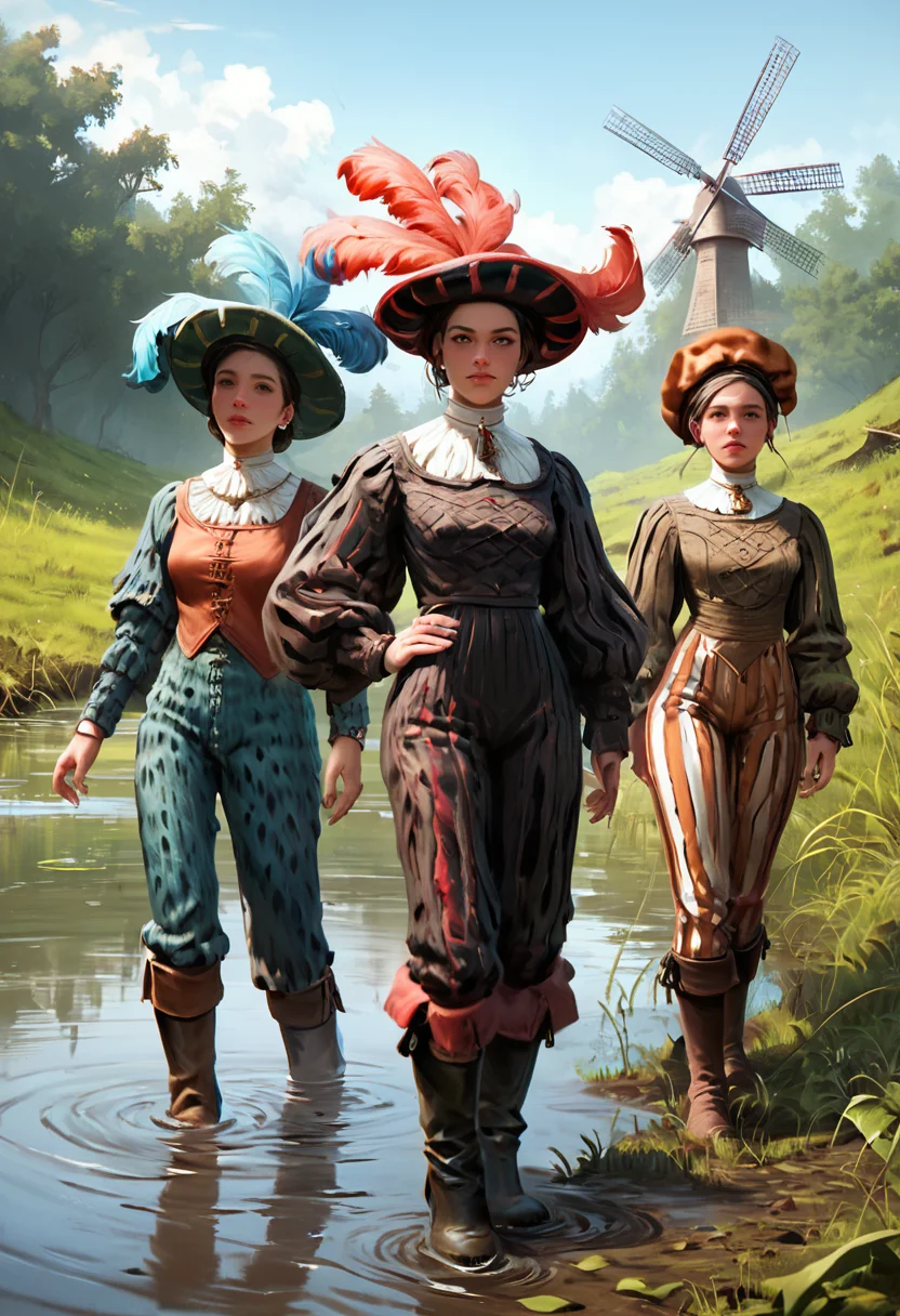 score_9, score_8_up, score_7_up, score_6_up, realistic, 3girls, breasts, shapely, perfect face, dynamic angle,motley, pants,boots, hat, jewelry, plume, antique firearm, l4ndskn3cht,  outdoors, swamp, Dutch windmill in distance, <lora:landsknecht-PNY-000008:1>