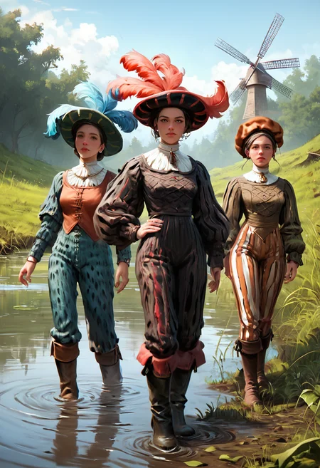 score_9, score_8_up, score_7_up, score_6_up, realistic, 3girls, breasts, shapely, perfect face, dynamic angle,motley, pants,boots, hat, jewelry, plume, antique firearm, l4ndskn3cht,  outdoors, swamp, Dutch windmill in distance, <lora:landsknecht-PNY-000008:1>