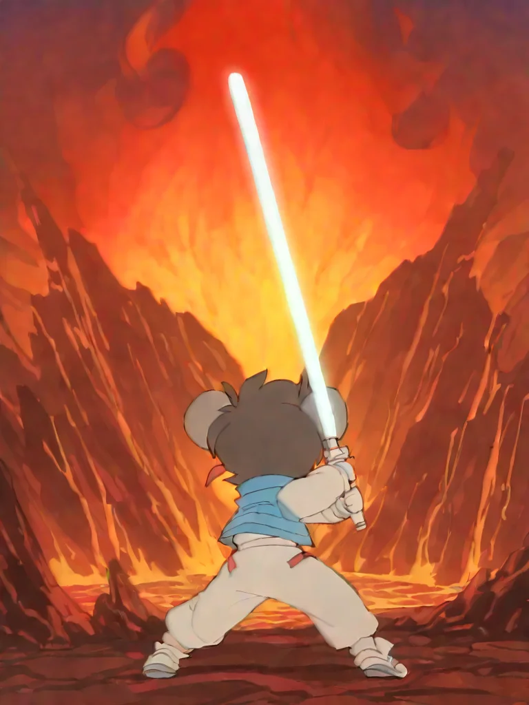 <lora:etoran.il:1>,
etoran,
bakumaru,
action pose,
solo,
white lightsaber,
<lora:Temmie-Illustrious:1> tmchng
blue vest, white jumpsuit,
shortstack,
BREAK
mountain, lava, fire,, high quality, best quality,
