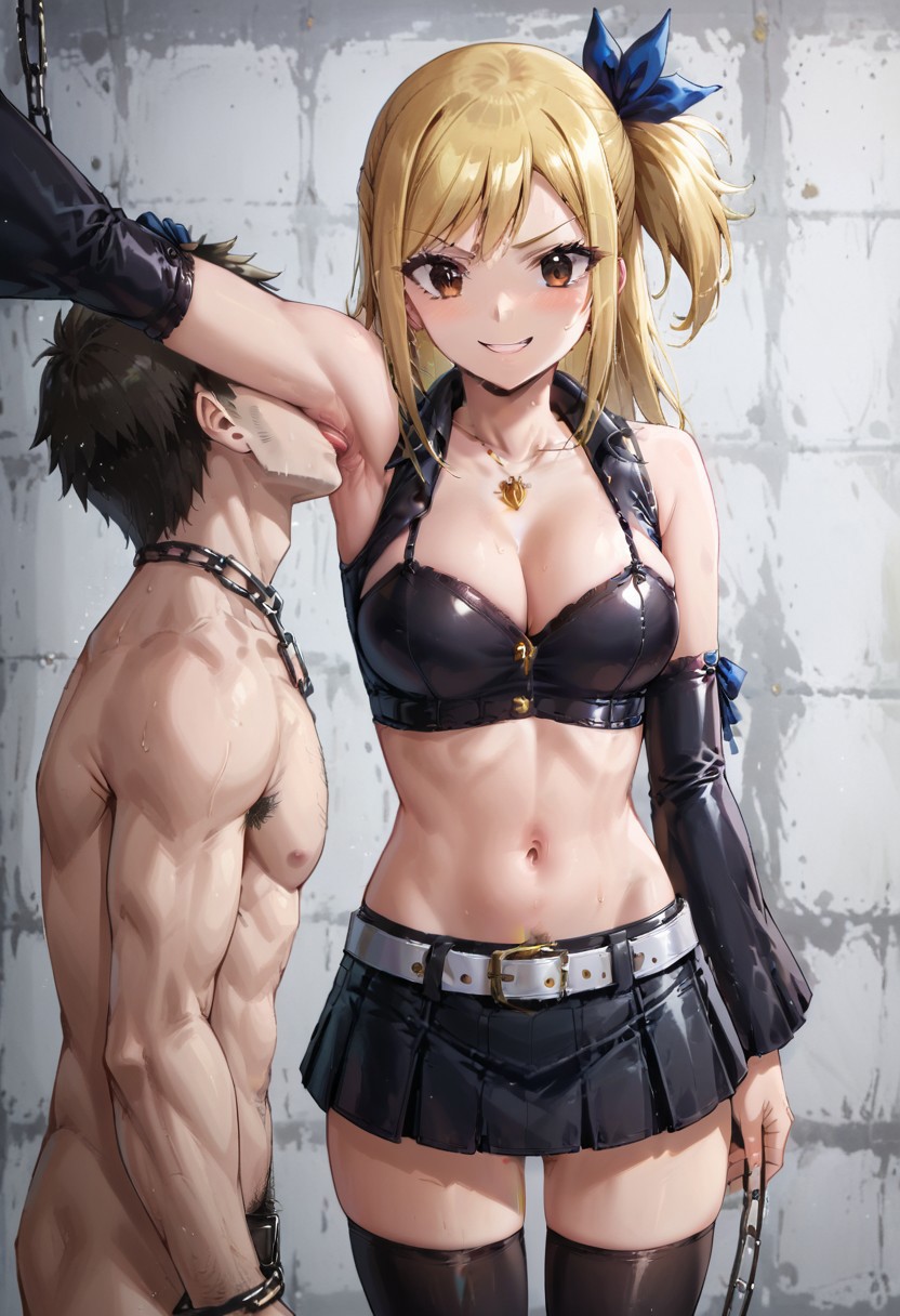 score_9,score_8_up,score_7_up,score_6_up,score_5_up,score_4_up,score_anime, 
best quality,absurdres,Cinematic Lighting, badpic, 1girl, 
lucy heartfilia, blonde hair, brown eyes, long hair, one side up, ribbon, hair ribbon, blue ribbon, twintails, low twintails, sidelocks, navel, cleavage, detached sleeves, midriff, crop top, skirt, black skirt, miniskirt, belt, thighhighs, black thighhighs, skinny, armpit licking, tall, face in armpit, hairy armpit, evil smile, mistress, 1man, nude slave guy, prisoner, cfnm, femdom, knelt, ev1prncs