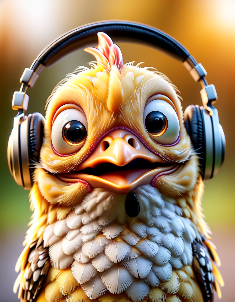 baby chick wearing headphones, cheerful, made of ral-drp <lora:ral-drp:1>