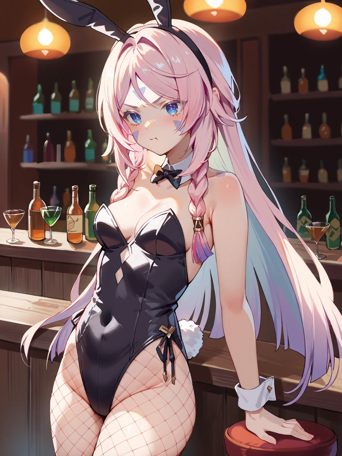 1girl, citlali \(genshin impact\), facial mark, solo, playboy bunny, fishnets, fake animal ears, rabbit ears, bar \(place\), indoors, depth of field, cowboy shot, jitome, pout <lora:Char-Genshin-Citlali-V1-Pony:0.9>, score_9, score_8_up, score_7_up, source_anime