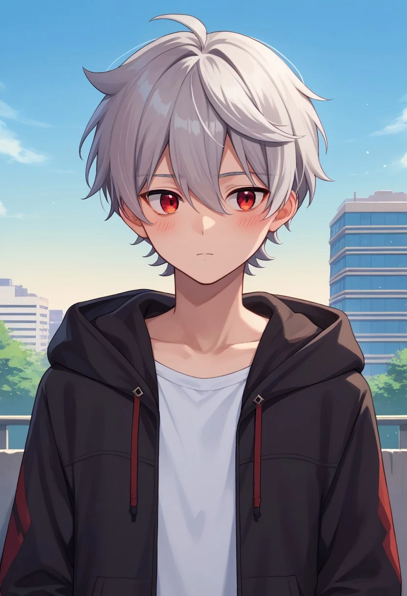 score_9, score_7_up, source_anime,
boreas, 1boy, male focus, solo, red eyes, grey hair, short hair, bangs, hair between eyes, jacket, black jacket, hoodie, hood down, long sleeves, blush,
outdoor, sky, building, contemporary,