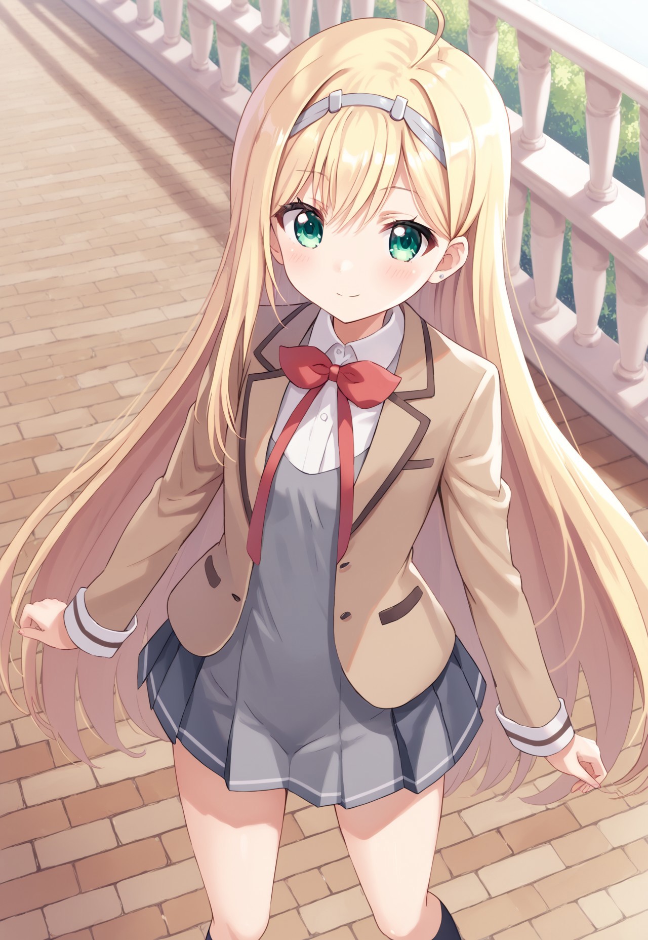 score_9, score_8_up, score_7_up, score_6_up, highest quality, masterpiece, best quality, source_anime, anime, (1girl, liones yelistratova (\hina logi: from luck & logic\), blonde hair, very long hair, no hair accesories, green eyes, ahoge, school uniform, blazer, white shirt, red bowtie, gray dress, pleated skirt, white hairband)
