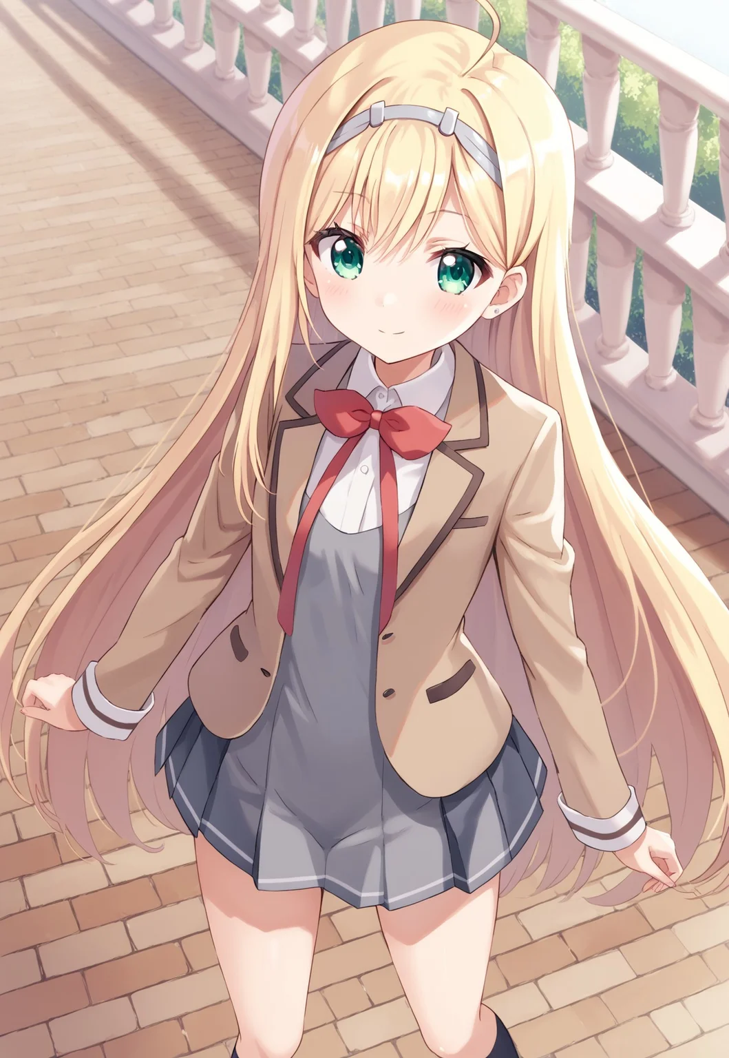 score_9, score_8_up, score_7_up, score_6_up, highest quality, masterpiece, best quality, source_anime, anime, (1girl, liones yelistratova (\hina logi: from luck & logic\), blonde hair, very long hair, no hair accesories, green eyes, ahoge, school uniform, blazer, white shirt, red bowtie, gray dress, pleated skirt, white hairband)