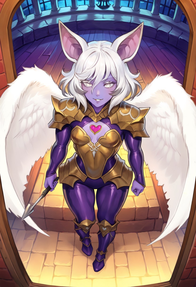 1girl, white hair, white eyes, medium hair, bat ears, anthro bat, big bat ears, Purple Taupe colored skin,
small breasts, smile, , black leather armor with gold elements, quiver with arrows with hearts, holding a bow, preparing to shoot a bow, arrows with heart-shaped tips, fake white angel wings,
ready for a carnival, castle indoor walls, open window behind,
indoors, castle, 
viewed from above,
masterpiece, best quality,