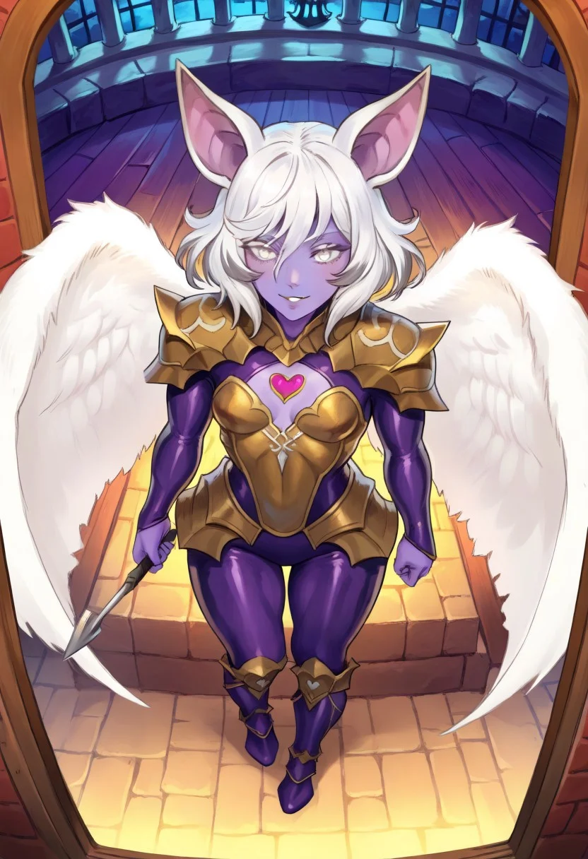 1girl, white hair, white eyes, medium hair, bat ears, anthro bat, big bat ears, Purple Taupe colored skin,
small breasts, smile, , black leather armor with gold elements, quiver with arrows with hearts, holding a bow, preparing to shoot a bow, arrows with heart-shaped tips, fake white angel wings,
ready for a carnival, castle indoor walls, open window behind,
indoors, castle,
viewed from above,
masterpiece, best quality,