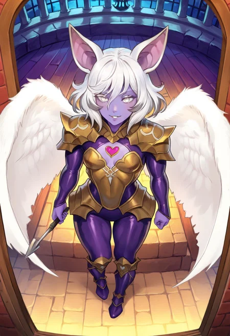 1girl, white hair, white eyes, medium hair, bat ears, anthro bat, big bat ears, Purple Taupe colored skin,
small breasts, smile, , black leather armor with gold elements, quiver with arrows with hearts, holding a bow, preparing to shoot a bow, arrows with heart-shaped tips, fake white angel wings,
ready for a carnival, castle indoor walls, open window behind,
indoors, castle,
viewed from above,
masterpiece, best quality,