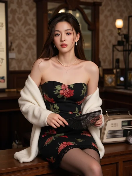 There are wonderful studio lights and various reflections,
18yo beautiful cute girl with blushing and female orgasm.skin naturally showing the texture of blood vessels and detailed pale skin,
--,harvy rain,
<lora:Gianna_Jun_f1a:1>,she is Gianna Jun,a beautiful korean actress., --,This image shows a full-length portrait of a young woman sitting on the edge of a wooden surface, with a graceful and sensual pose. She is wearing a black form-fitting dress with a strapless design featuring red and green floral patterns, paired with a white fluffy shawl that covers her arms. She is holding a black lace fan in one hand, while the other hand rests naturally on her lap, exuding a charming demeanor. Her expression is calm yet slightly coquettish, with her long hair falling naturally, and she is wearing a black netted headpiece, creating a vintage and alluring look. She is also adorned with a pearl necklace and earrings, adding a touch of refinement. She is also wearing black stockings with lace trim at the thighs.The background is an indoor environment, featuring a wooden bar, patterned walls, and some furnishings, including an old-fashioned radio. The overall environment conveys a sense of vintage and warmth. The lighting is soft, creating a romantic and elegant atmosphere. Overall, this image, through the character's attire, pose, and gaze, as well as the vintage background and props, creates an aura of elegance, sensuality, and charm. The character's vintage styling and slightly tilted pose, along with the lace-trimmed stockings and black lace fan, make the scene more captivating.