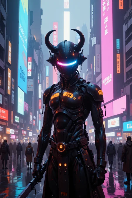 Techno-bushi framed in soft pastel rain, his LED Kabuto displaying glitching emoticons. Columns of light from neon statues stretch into the sky behind him, and the city feels like a dream from an outdated OS.