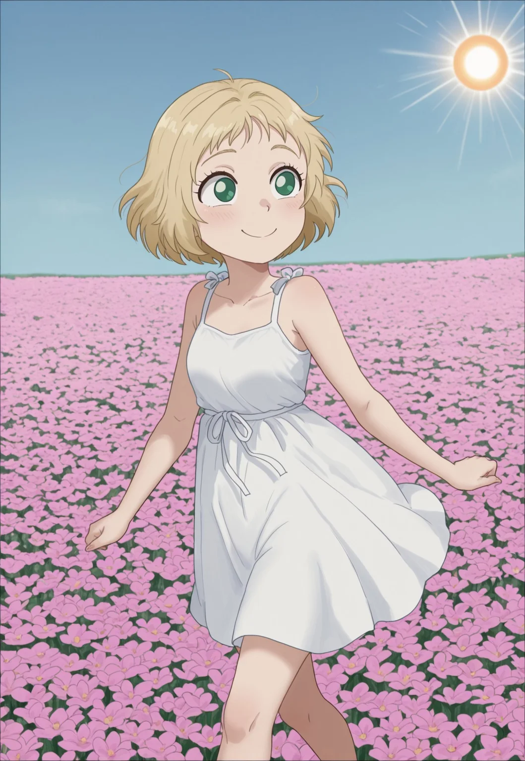 AnYnMovieStyle, 1girl, solo, walking, smile, flower field, white dress, blonde hair, green eyes, day, sun,