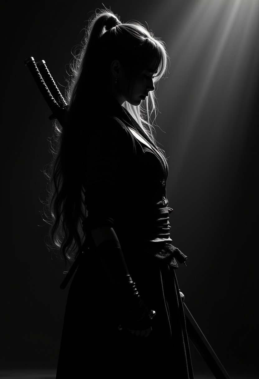 silhouette art, japanese female fantasy warrior, long hair, traditonal japanese leather armour, a katana slung over her back, viewed from the side, silhouetted, chiascuro, light hitting one side of her, dark background