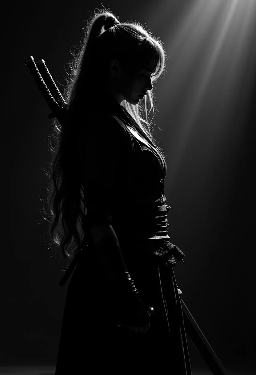 silhouette art, japanese female fantasy warrior, long hair, traditonal japanese leather armour, a katana slung over her back, viewed from the side, silhouetted, chiascuro, light hitting one side of her, dark background