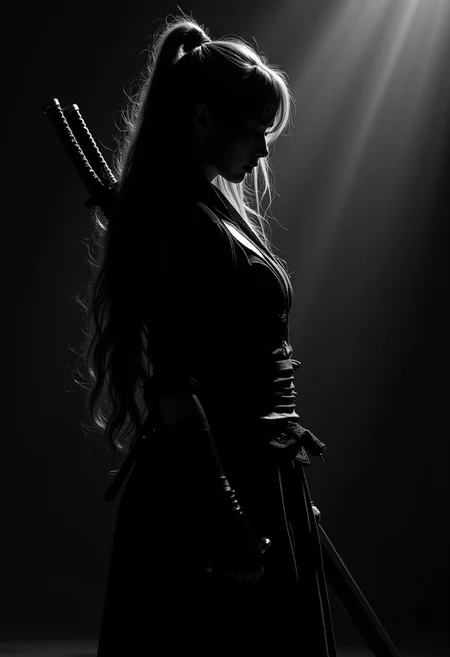 silhouette art, japanese female fantasy warrior, long hair, traditonal japanese leather armour, a katana slung over her back, viewed from the side, silhouetted, chiascuro, light hitting one side of her, dark background
