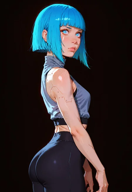 score_9, score_8_up, score_7_up, black background, 1girl, cowboy shot, blue eyes, glowing eyes, bob hair, blue hair, cyberpunk, sleeveless, yoga pants, highlights, freckles, fringe, glowing, thigh gap, back view, wide hips, fit, side view, posing, artistic, 1ly4, sinozick style, lineart