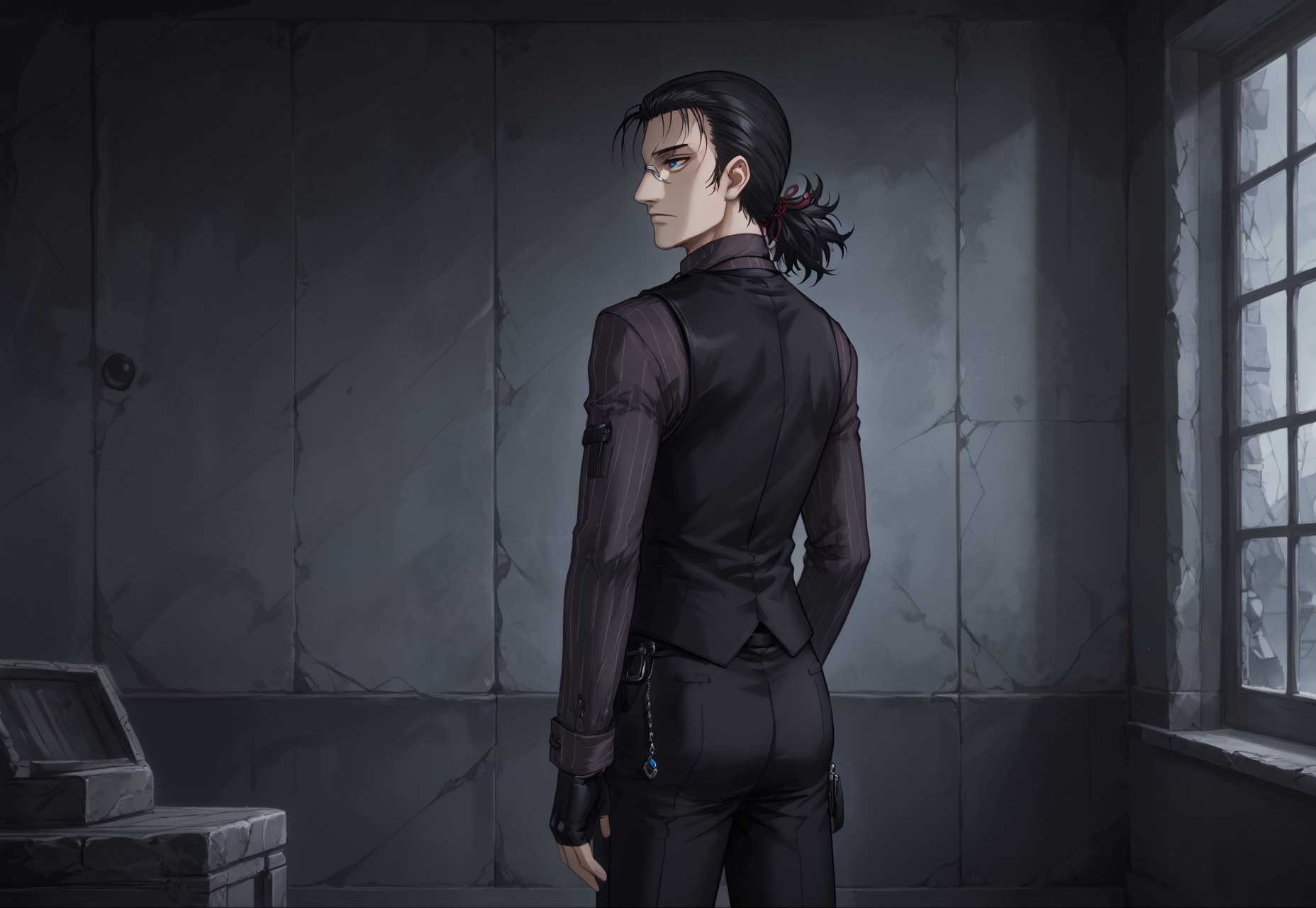 masterpiece, best quality, male focus, solo, 1boy,DarkWalter, blue eyes, black hair, back slicked ponytail, monocle, monocle over left eye, black tie, black vest, black pinstripe shirt, black pants, black shoes, black fingerless gloves, keychain, red hair ribbon, expressionless, looking to the side, standing, adjusting necktie, indoors, Manor Interior Wall