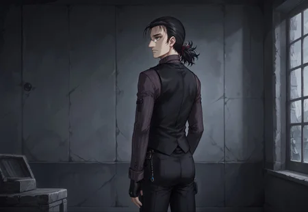 masterpiece, best quality, male focus, solo, 1boy,DarkWalter, blue eyes, black hair, back slicked ponytail, monocle, monocle over left eye, black tie, black vest, black pinstripe shirt, black pants, black shoes, black fingerless gloves, keychain, red hair ribbon, expressionless, looking to the side, standing, adjusting necktie, indoors, Manor Interior Wall