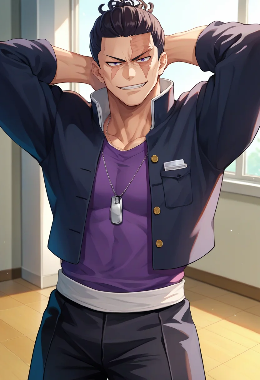 score_9, score_8_up, score_7_up, source_anime, solo, male focus, 1boy, todo aoi, muscular, scar, smirk, looking at viewer, arm behind head, school uniform, black jacket, purple shirt, black pants, dog tags <lora:jjk_aoitodo_ponyXL:1>