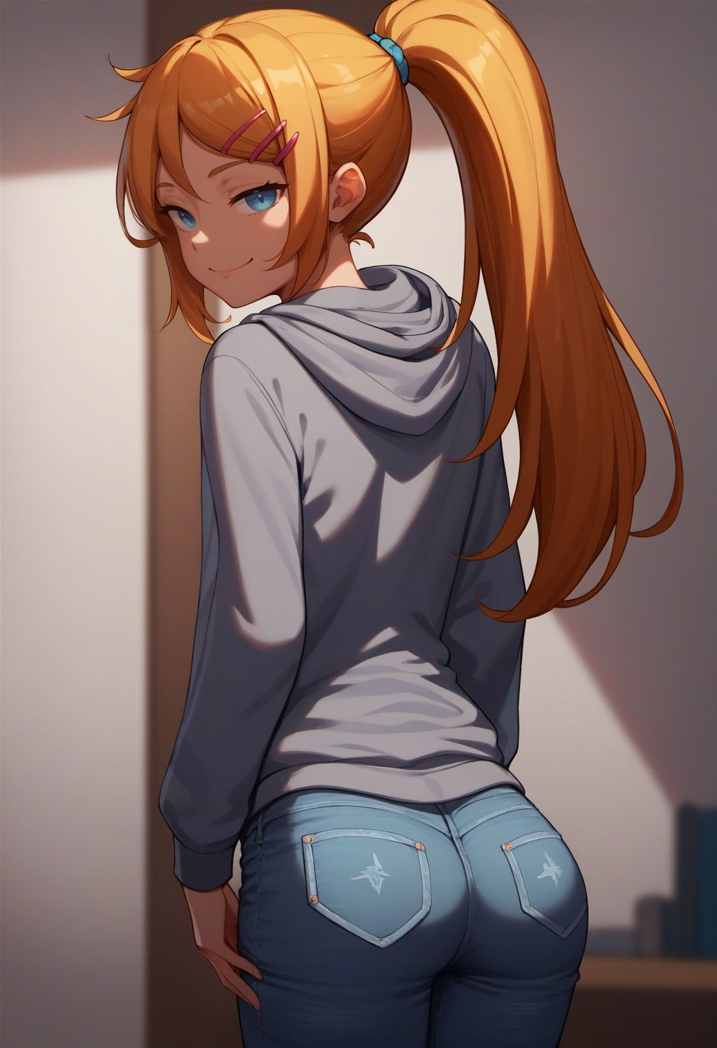 score_9, score_8_up, score_7_up, score_6_up,( sketch:0.6), flat color,
ha1ru, 1girl, solo, long hair, looking at viewer, smile, hair ornament, long sleeves, closed mouth, blue eyes, standing, ponytail, ass, hairclip, looking back, indoors, hood, clothes lift, from behind, blond hair, hoodie, hood down, smug, grey hoodie, jeans,
<lora:fix_hands:1.5>
<lora:hairu_style_v11-000007:0.8>,