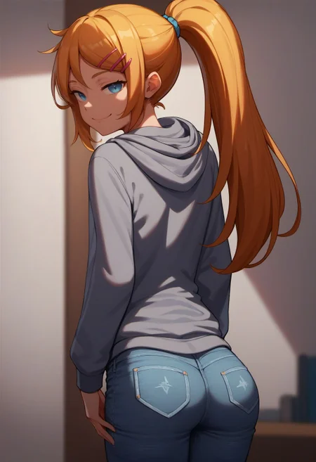 score_9, score_8_up, score_7_up, score_6_up,( sketch:0.6), flat color,
ha1ru, 1girl, solo, long hair, looking at viewer, smile, hair ornament, long sleeves, closed mouth, blue eyes, standing, ponytail, ass, hairclip, looking back, indoors, hood, clothes lift, from behind, blond hair, hoodie, hood down, smug, grey hoodie, jeans,
<lora:fix_hands:1.5>
<lora:hairu_style_v11-000007:0.8>,