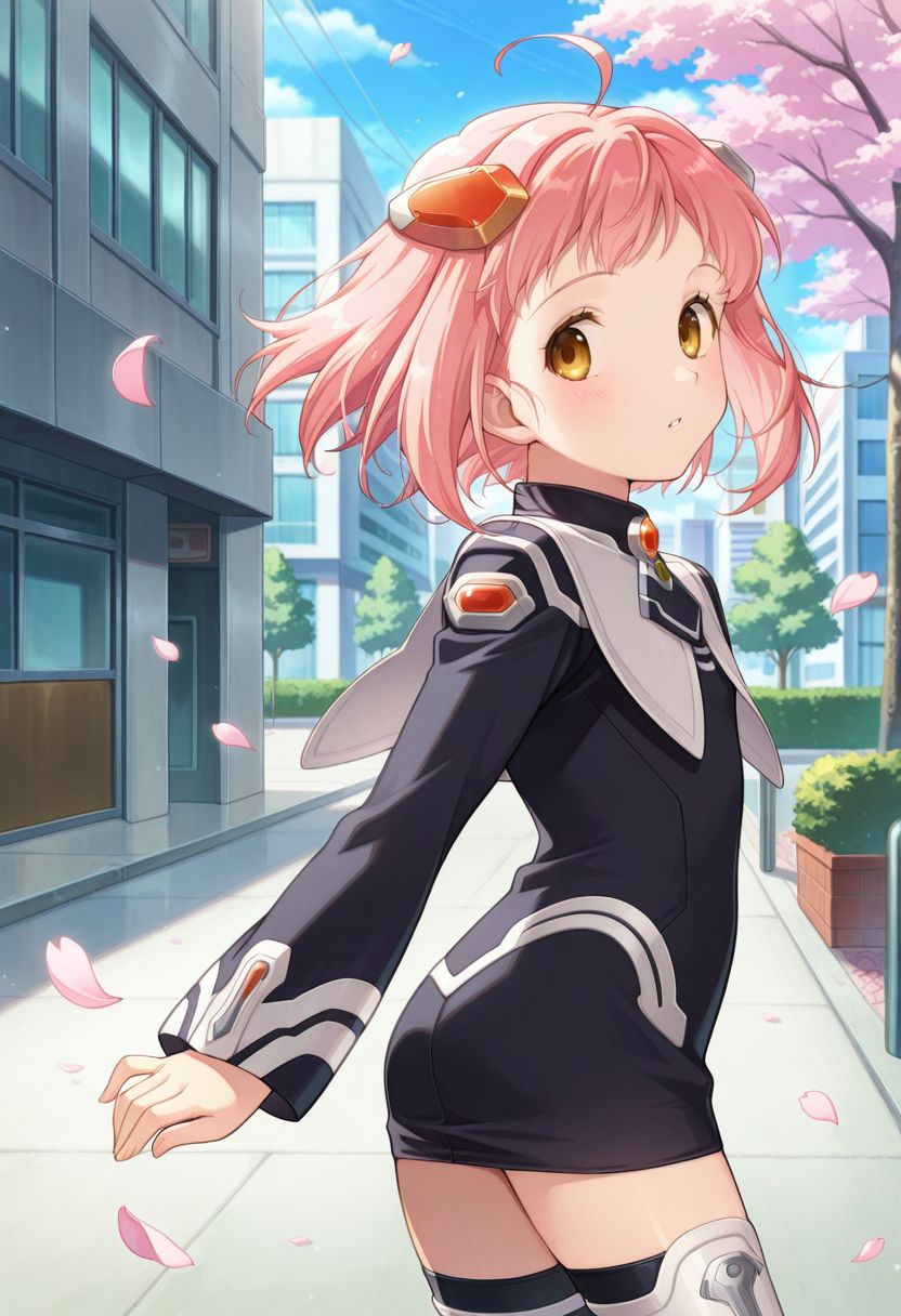 detailed eyes, beautiful, detailed background, perfect eyes,
source_anime, very aesthetic, anime coloring, masterpiece, official art,
<lora:HandFineTuning_XL:1>
BREAK,
street, cityscape, sci-fi environments, sakura tree, sakura petals, blurry background,
flat chest, blush, cowboy shot, 
standing on one leg, parted lips, looking back, floating hair,
BREAK,
<lora:momo100Series_illustriousXL_v02:0.95>
x1momo, pink hair, short hair, hair ornament, ahoge, brown eyes, hair ornament, 
black dress, short dress, long sleeves, 
white thigh boots
