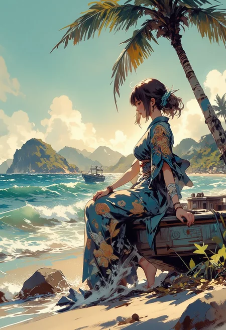 Mh1$AgThS2, intricate linework with expressive contrasts, soft lighting with dynamic highlights, Japanese woman in a floral-pattern summer dress sitting on an old boat beached on a tropical island, overlooking a majestic azure blue ocean with gentle waves, landscape, sunset. Impressionistic, ligne claire outlines for clarity and structure, In the style of ff-td