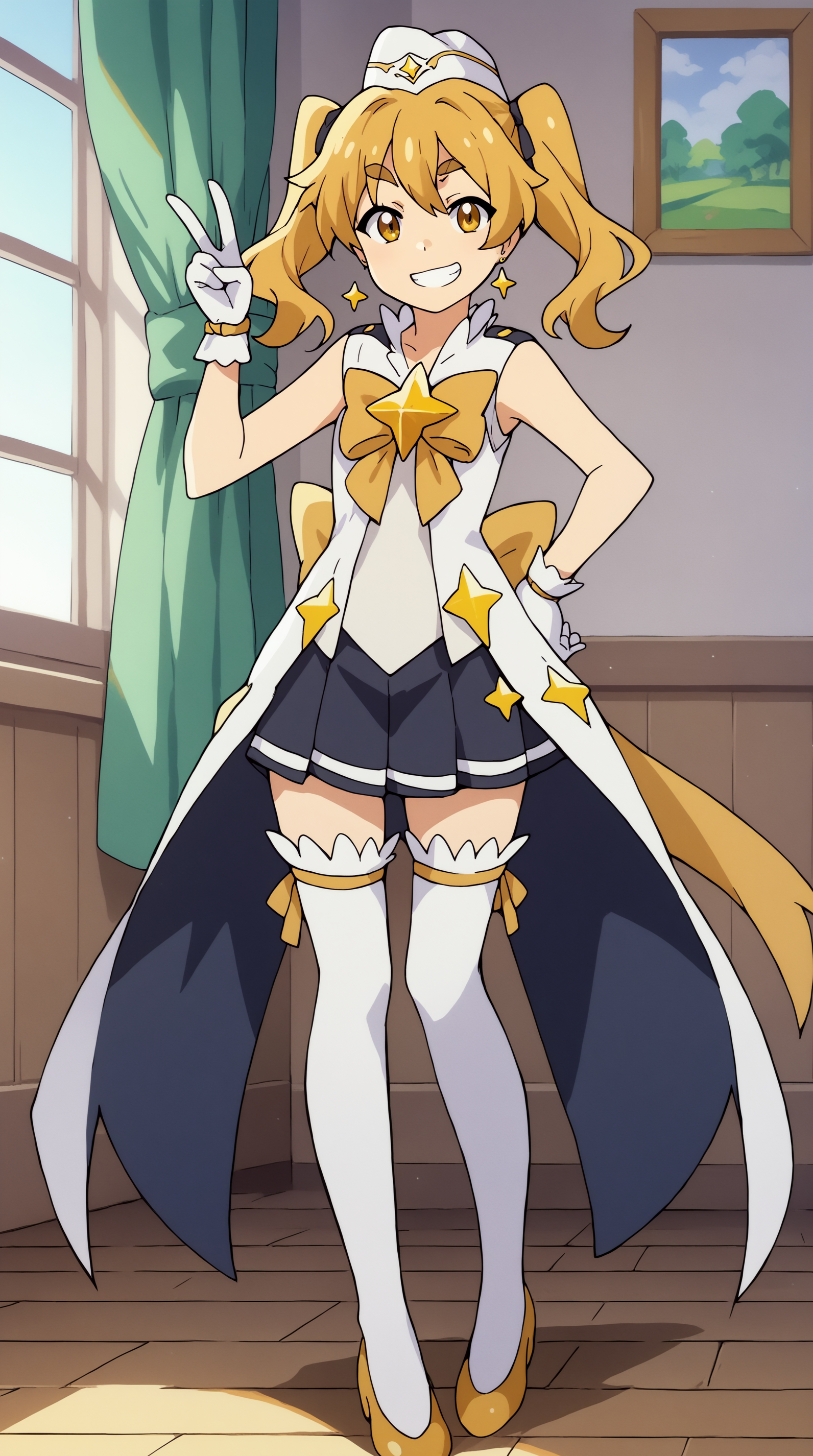 score_9, score_8_up, score_7_up,anime_source, source_anime, best   Hikaru Pleiades, Magical Costume, solo, smile, full body, hand on hip, grin, v sign, indoors,  <lora:JN_Hikaru_Pleiades_Pony:0.8>