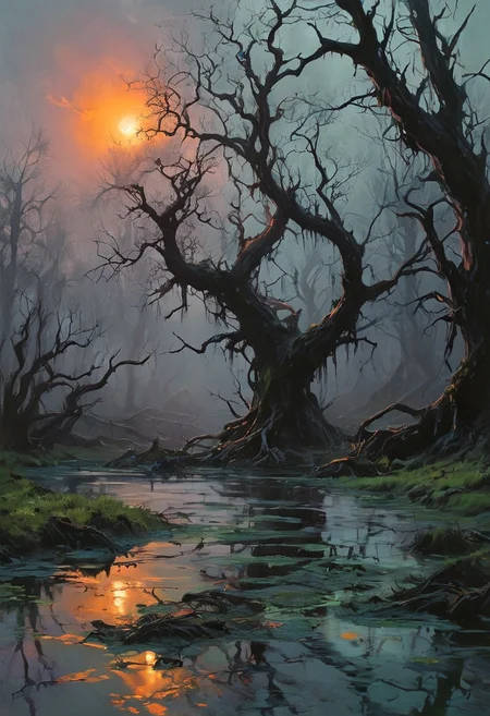 An alien swamp characterized by a surreal palette of sickly greens and deep purples. The murky waters bubble with iridescent, toxic-looking substances that emit a faint glow. Gnarled trees with twisted branches rise from the swamp, their bark a mottled blend of black and neon yellow. Strange, floating orbs of light hover above the water, casting eerie shadows. The sky is a swirling mass of dark gray and sickly orange, creating an unsettling atmosphere filled with an otherworldly fog.
style of greg rutkowski,janek sedlar,jenny saville:0]  <lora:vivid_everclear:0.35>  <lora:Sinozick:0.35>  <lora:MJ52:0.35>