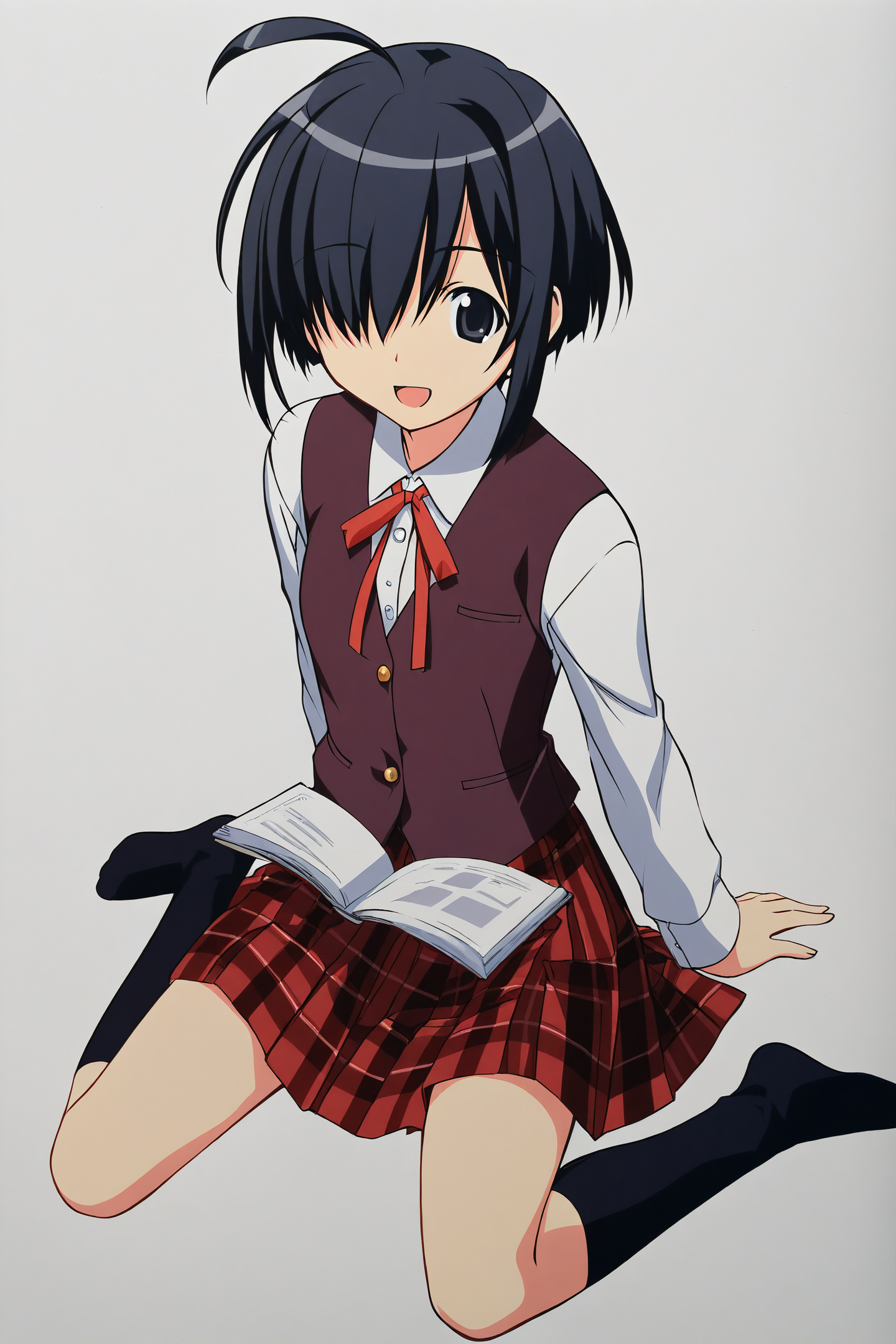 Nodoka Miyazaki,1girl,solo,book,skirt,plaid,socks,plaid skirt,ahoge,sitting,open mouth,black socks,ribbon,vest,wariza,red skirt,smile,shirt,white shirt,no shoes,neck ribbon,black hair,kneehighs,dress shirt,:d,long sleeves,hair over one eye,white background,open book,school uniform,looking at viewer,black eyes,arm support,pleated skirt,full body,short hair,red ribbon,hair over eyes,simple background,
<lora:Akamatsu Ken_XL:0.8>,