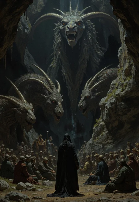 A chilling moment as a group of taheen, creatures with the bodies of men and the heads of animals, gather in a darkened glen under the command of a sinister figure cloaked in black, plotting the downfall of the Gunslingers.